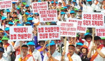 마장축산물 진흥협동조합원들이 5월 9일 서울 농협중앙회 앞에서 '농협안심한우가맹점 입점 반대 집회'를 갖고 있다.