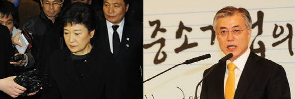 박근혜 후보가 故 이춘상 보좌관의 빈소를 조문하고 있다. / 문재인 후보가 여의도 중소기업중앙회에서 열린 '전환기 시대 중소기업의 도전과 희망 포럼'에서 인사말을 하고 있다.