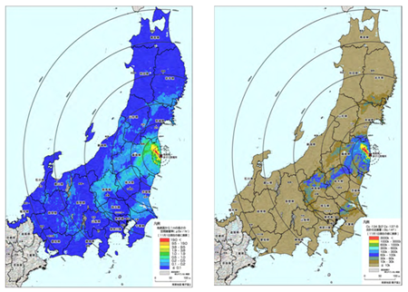 일본 방사능 오염 지도(일본 문부과학성). 왼쪽은 공간선량, 오른쪽은 세슘134,137의 토양침착량
