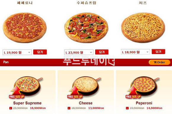 상단 한글 웹사이트 팬피자 가격, 하단 영문 웹사이트 팬피자 가격