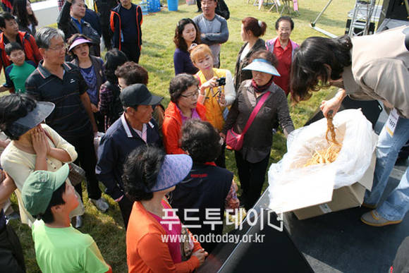 축제장에서 강화 인삼을 보고 있는 관광객들 