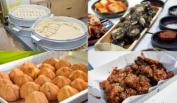 단양 구경시장 대표 먹거리. (왼쪽 상단 마늘만두, 오른쪽 상단 마늘순대, 왼쪽하단 마늘빵, 오른쪽하단 흙마늘 닭강정)