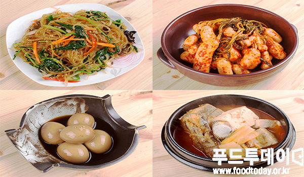 '이명순 맛손반찬'의 (왼쪽부터 시계방향으로) 잡채, 총각김치, 동태찌개, 메추리알장조림.