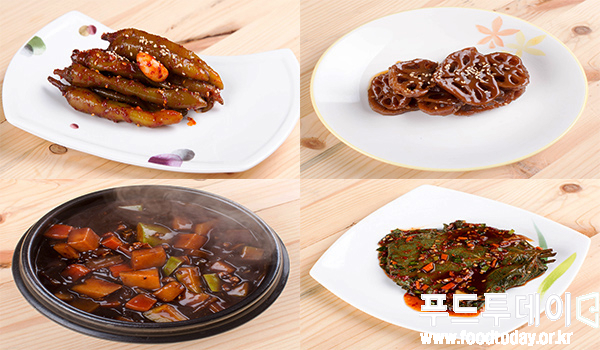 '이명순 맛손반찬'의 (왼쪽부터 시계방향으로) 고추삮임무침, 연근조림, 깻잎김치, 짜장.