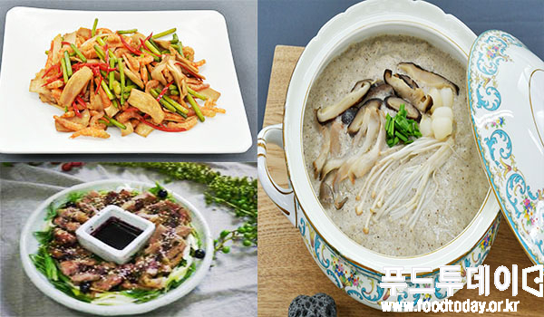단양 건강밥상2기 성과보고회에선 단양의 맛 개발과 발전을 통해 1000만 관광객, ‘체류형 관광도시’ 달성에 한걸음 더 다가섰다. 사진은 개발된 단양건강음식. (왼쪽부터 시계방향으로 마늘쫑 새송이볶음, 옥수수수염 버섯들깨탕, 아노니아 맥적구이)