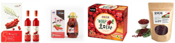 다양한 형태의 한국 오미자 제품들(사진출처: 문경오미자밸리, 제주자연식품, 녹차원, 프린스허브)