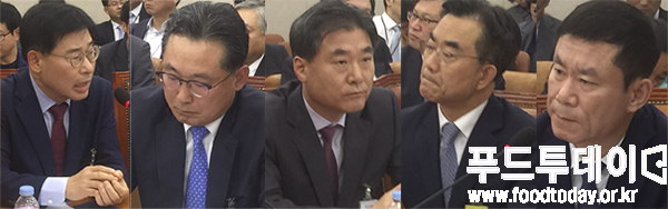 지난 10일 서울 여의도 국회에서 열린 농림축산식품해양수산위원회 농림축산식품부 국정감사 참석한 (왼쪽부터)주은기 삼성전자 부사장(상생협력 센터장), 서경석 현대자동차그룹 전무, 정현천 SK 수펙스추구협의회 사회공헌담당 전무, 이시용 LG전자 구매경영센터장(전무), 이종현 롯데지주 전무