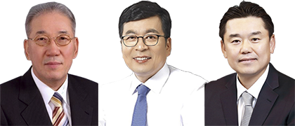  왼쪽부터 박준 농심 대표, 민명기 롯데제과 대표, 김인규 하이트진로 대표 왼쪽부터 박준 농심 대표, 민명기 롯데제과 대표, 김인규 하이트진로 대표