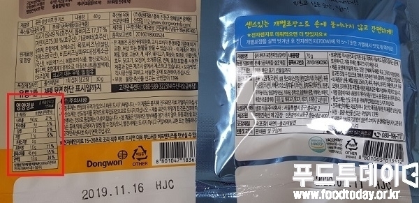 (좌측) 제품 뒷면에 영양성분 정보가 표시된 동원F&B 상상 페스타 육포 제품. (우측) 샘표식품 질러 육포 제품.