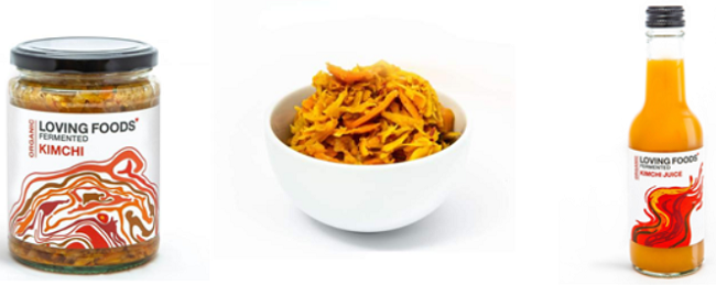 러빙푸즈 김치 제품(왼쪽부터 김치, 강황 후추 김치 (Kimchi with Tumeric& Black pepper), 김치주스) / 출처 : 러빙푸즈 홈페이지
