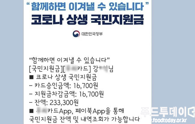 국민지원금 신용카드 결제 시 카카오톡 알림 메세지 캡쳐 화면