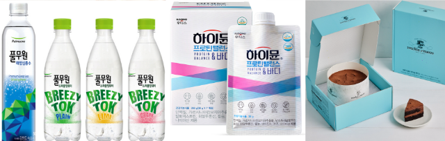 (왼쪽부터) 풀무원 샘물 해양 심층수, 브리지톡, 일동 후디스 하이뮨 프로틴 밸런스 앤바디, 신세계 푸드 베키아에누보 파베 초콜릿 생크림 케이크