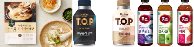 (왼쪽부터) CJ제일제당 비비고 누룽지 닭다리 삼계탕, 동서식품 맥심 티오피 미디엄 로스트, 대상 청정원 홍초
