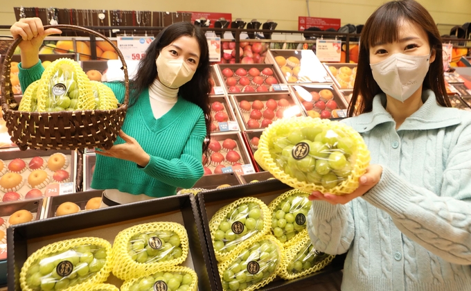 서울시 중구에 위치한 롯데마트 서울역점에서 '황금당도 샤인머스캣 선물세트'를 홍보하고 있는 모습 (롯데쇼핑)