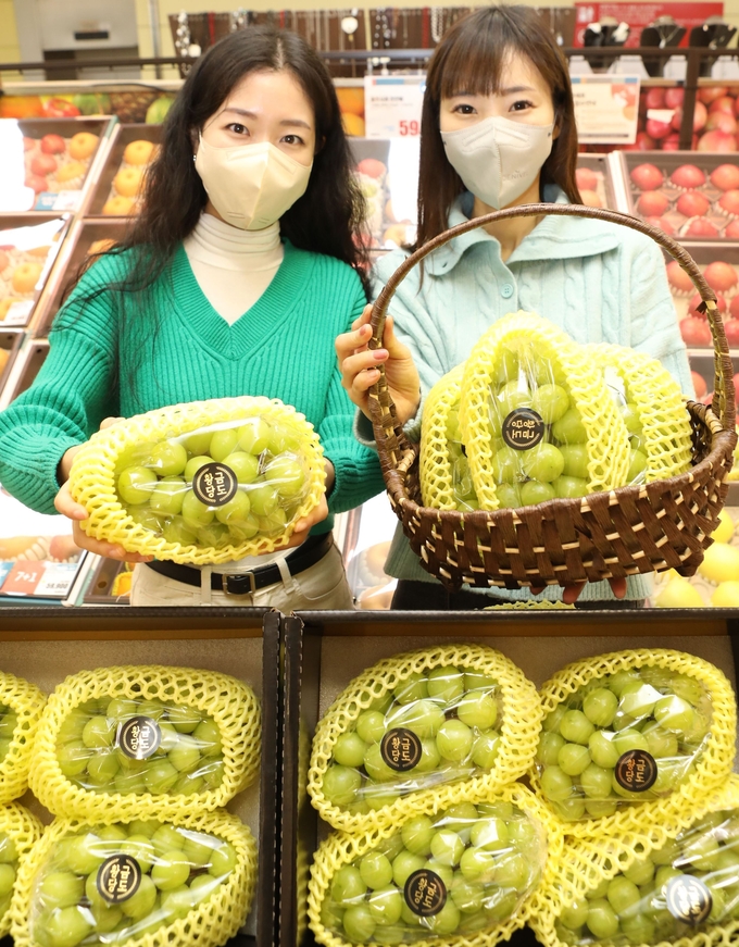 서울시 중구에 위치한 롯데마트 서울역점에서 '황금당도 샤인머스캣 선물세트'를 홍보하고 있는 모습 (롯데쇼핑)