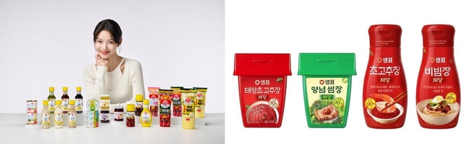 오뚜기는 ‘저당 케첩’, ‘저칼로리 드레싱’, ‘가벼운 참치’ 등 건강 지향 제품을 통합한 신규 브랜드 ‘라이트앤조이(LIGHT&JOY)’를 론칭했다(좌측). / 샘표는 최근 ▲저당 태양초 고추장 ▲저당 양념쌈장 ▲저당 초고추장 ▲저당 비빔장 등 저당 장류 4종을 출시하며 건강 발효식품 라인업을 강화하고 있다(우측).