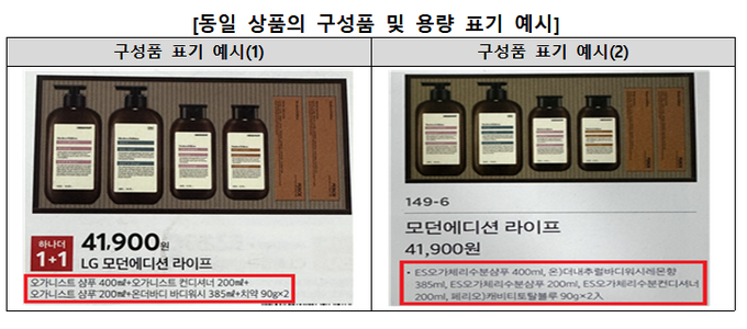 동일한 상품명·가격·사진을 사용하면서 구성품을 다르게 표기함.