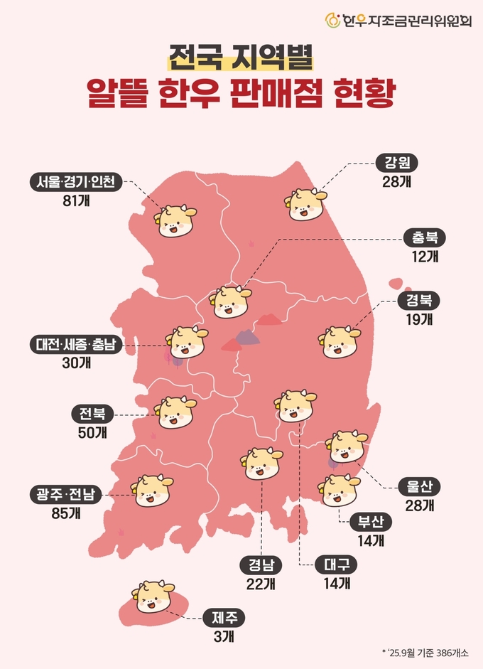 전국 지역별 알뜰한우판매점 현황 (한우자조금관리위원회 제공)